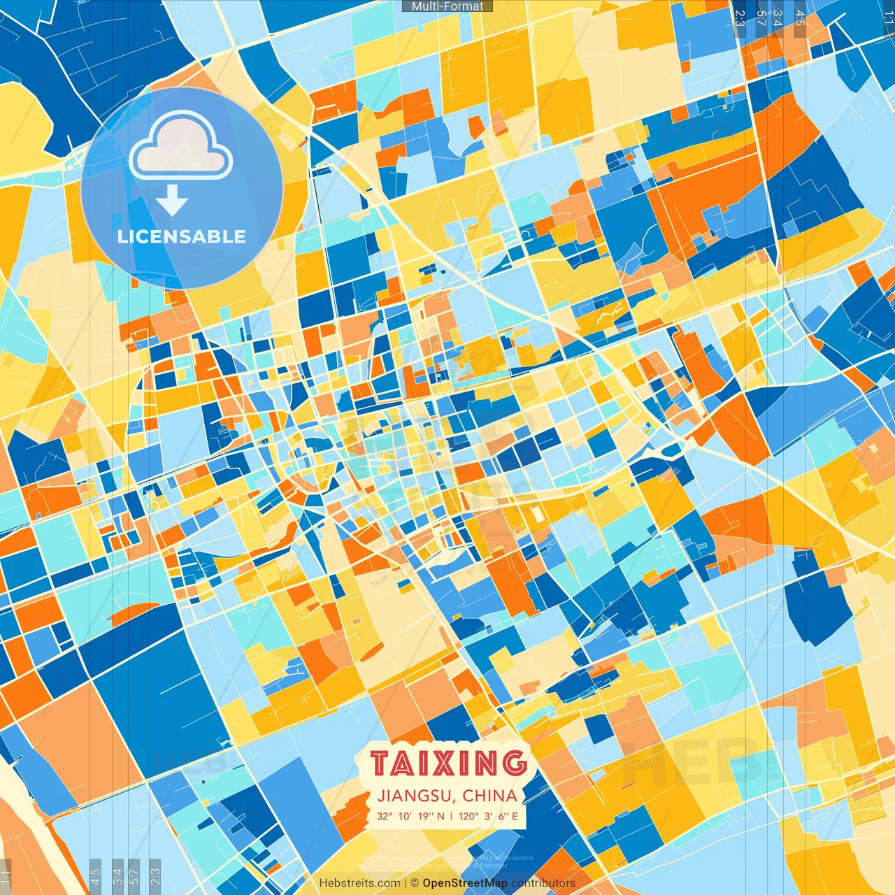 Taixing, Jiangsu, China blue and orange vector art map template