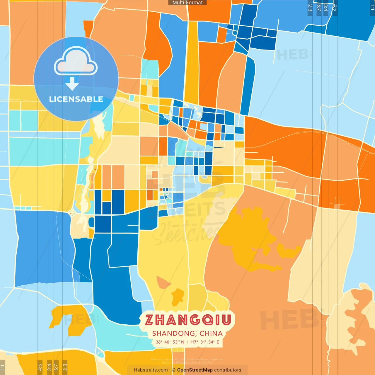 Zhangqiu, Shandong, China blue and orange vector art map template