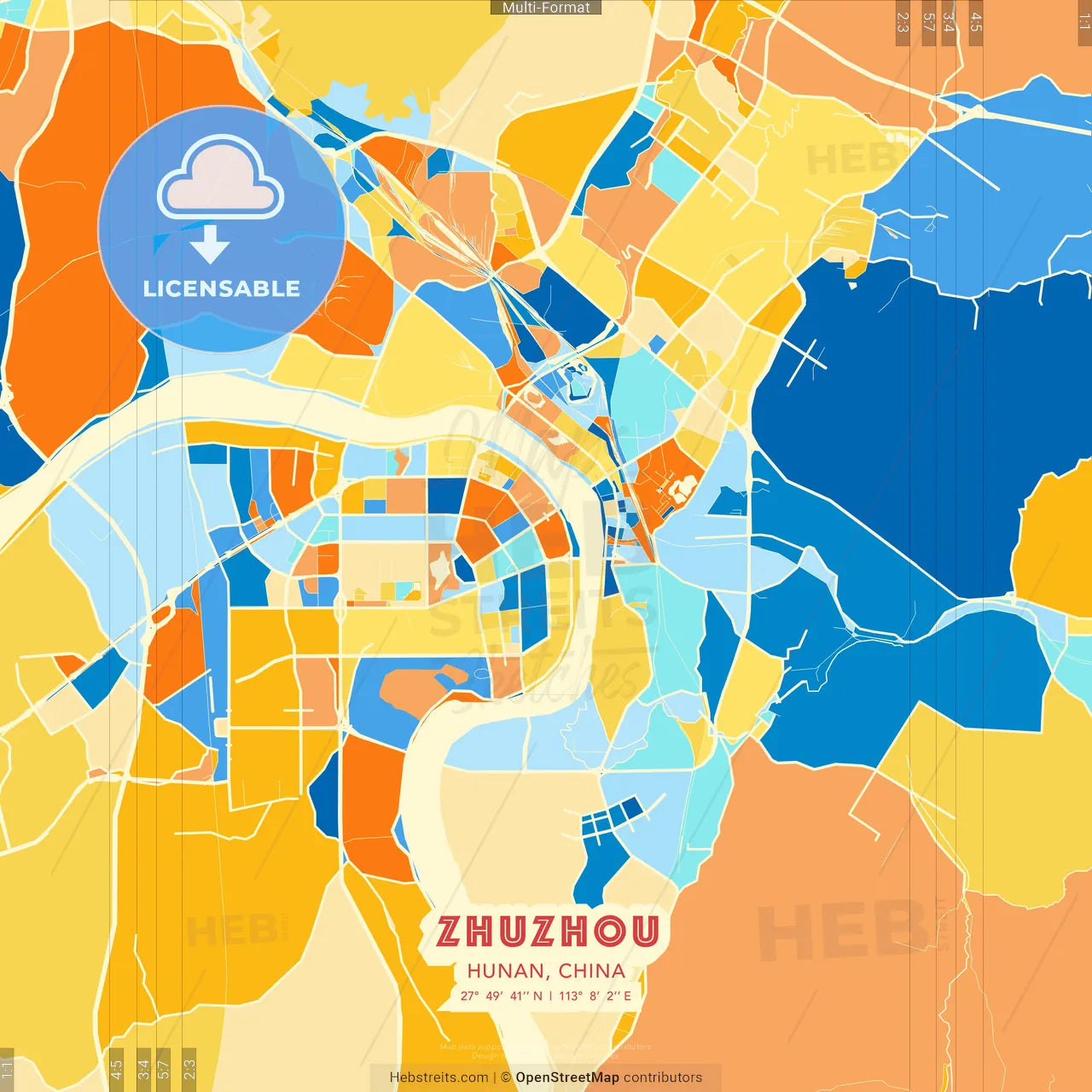 Zhuzhou, Hunan, China blue and orange vector art map template