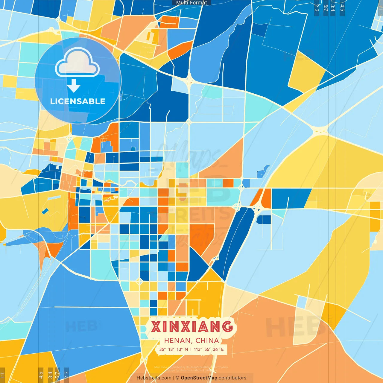 Xinxiang, Henan, China blue and orange vector art map template
