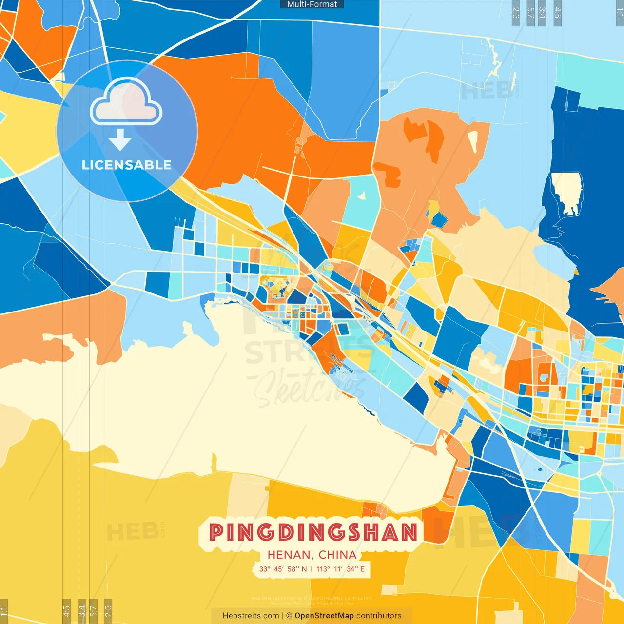 Pingdingshan, Henan, China blue and orange vector art map template