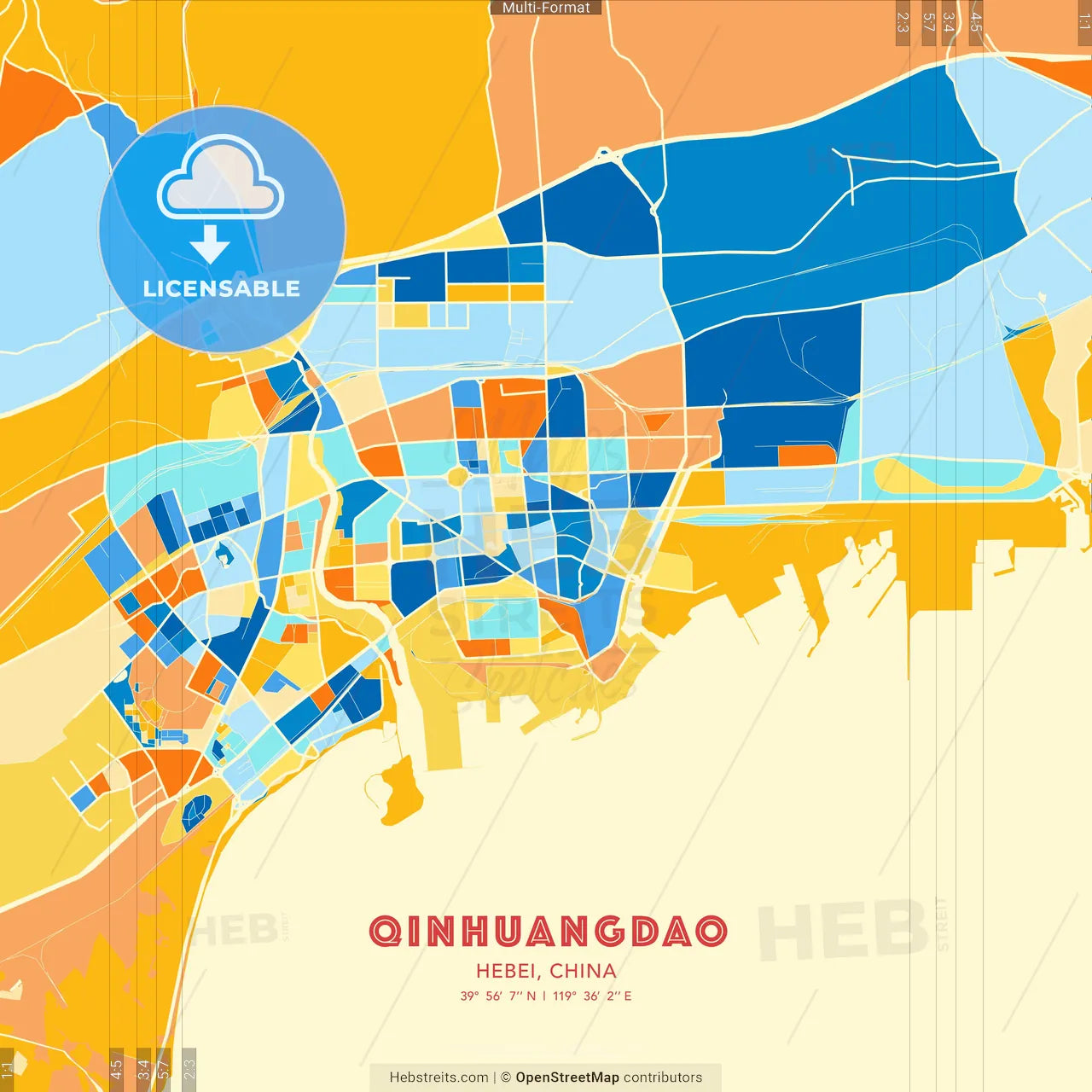 Qinhuangdao, Hebei, China blue and orange vector art map template
