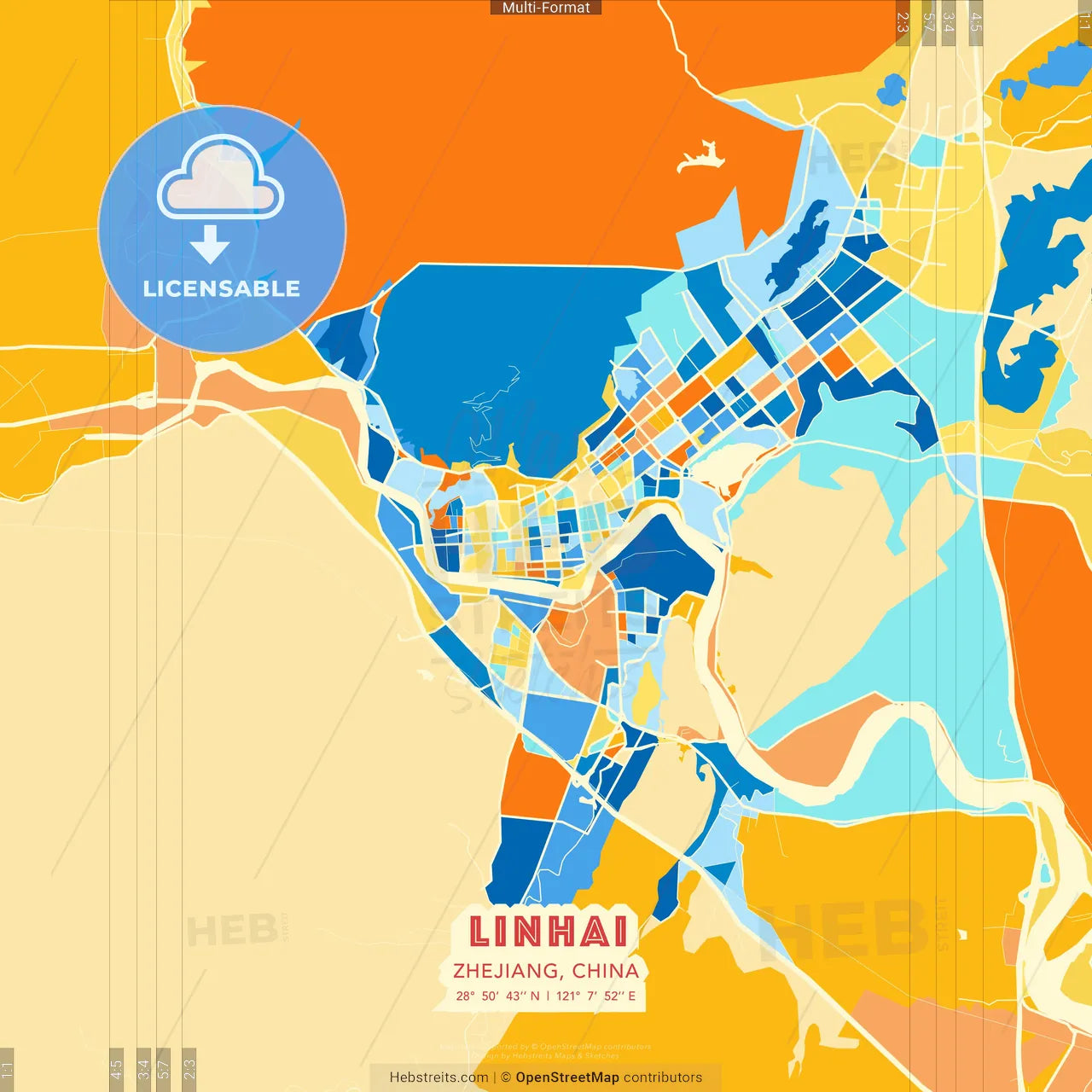 Linhai, Zhejiang, China blue and orange vector art map template