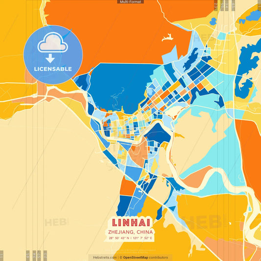 Linhai, Zhejiang, China blue and orange vector art map template