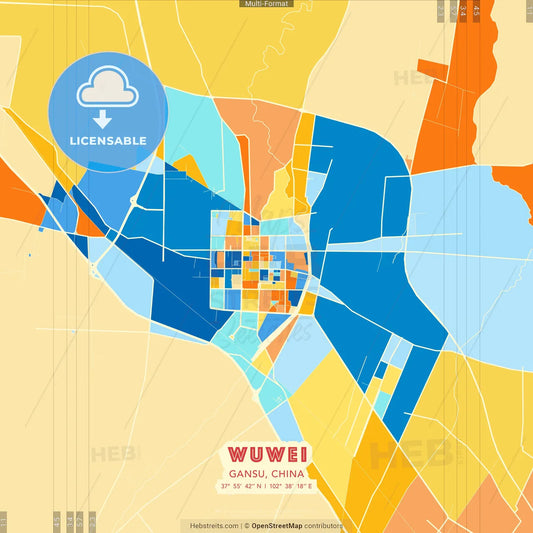 Wuwei, Gansu, China blue and orange vector art map template