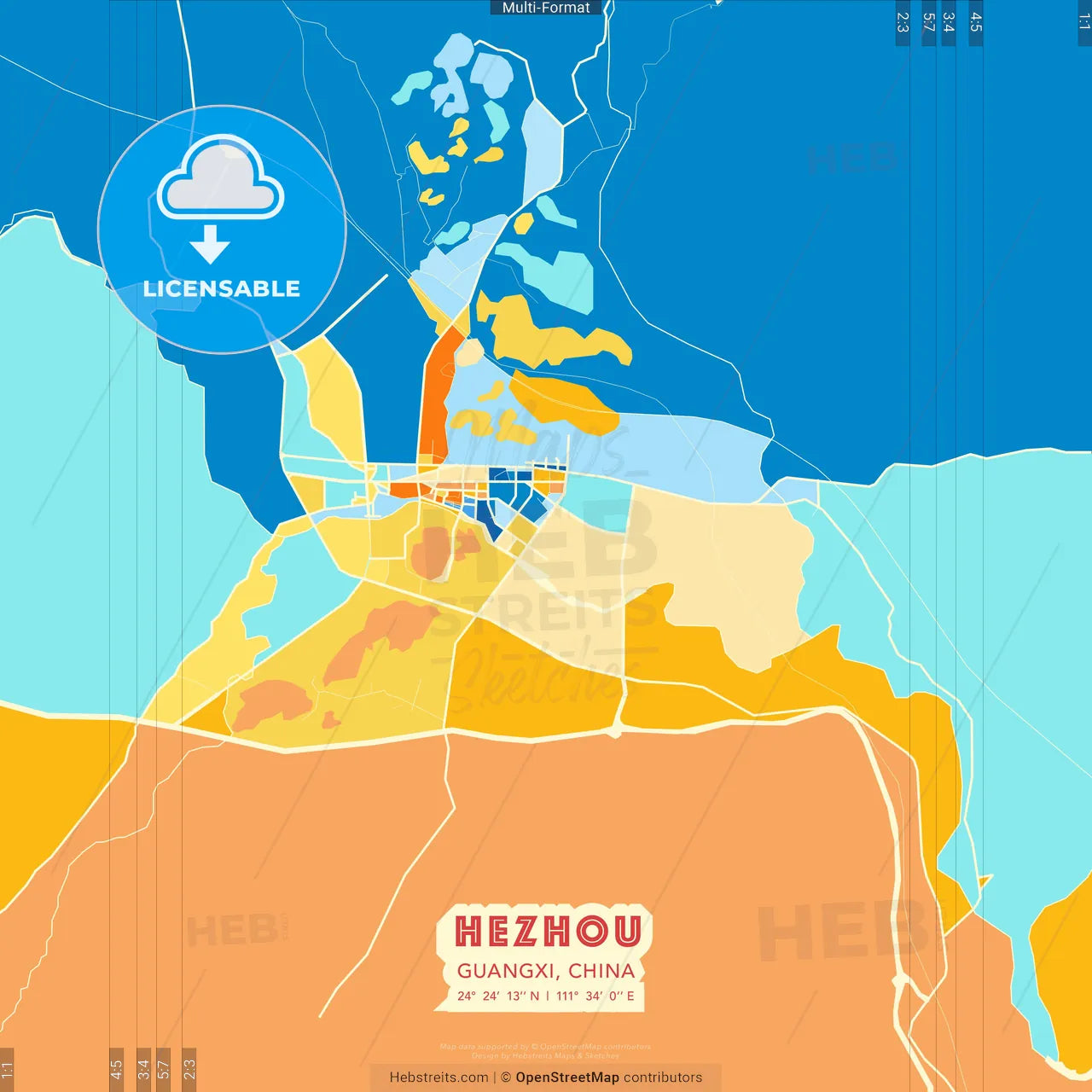 Hezhou, Guangxi, China blue and orange vector art map template
