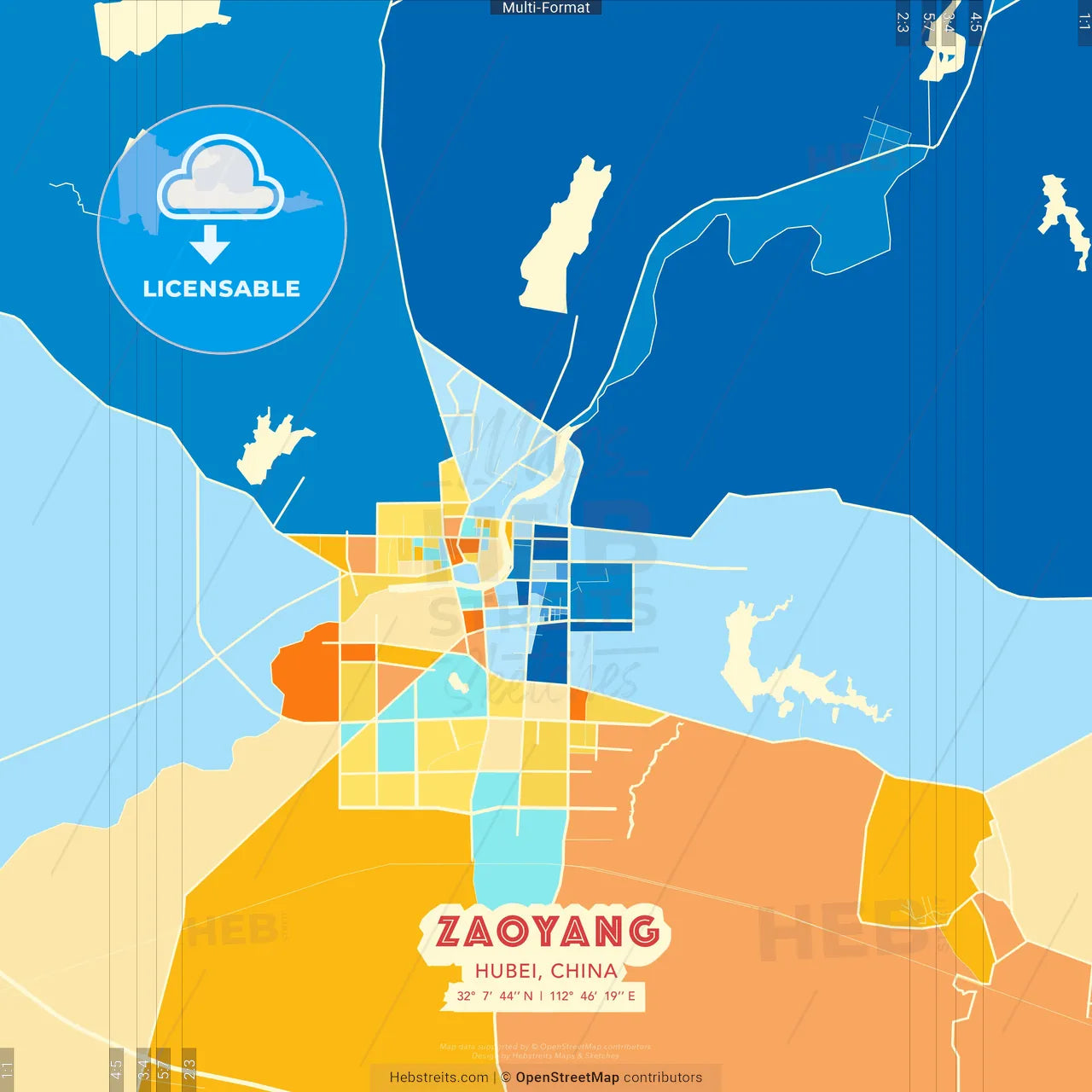 Zaoyang, Hubei, China blue and orange vector art map template