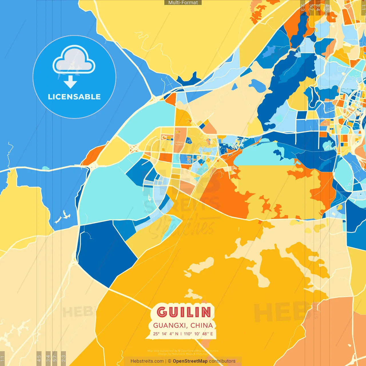 Guilin, Guangxi, China blue and orange vector art map template