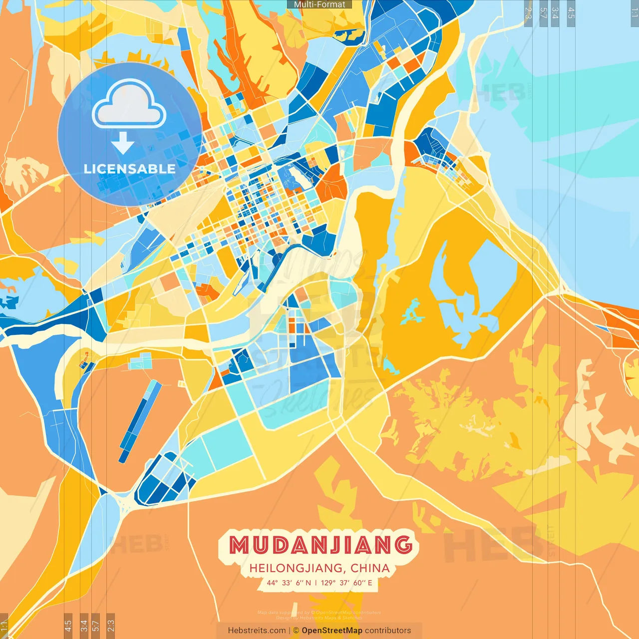 Mudanjiang, Heilongjiang, China blue and orange vector art map template