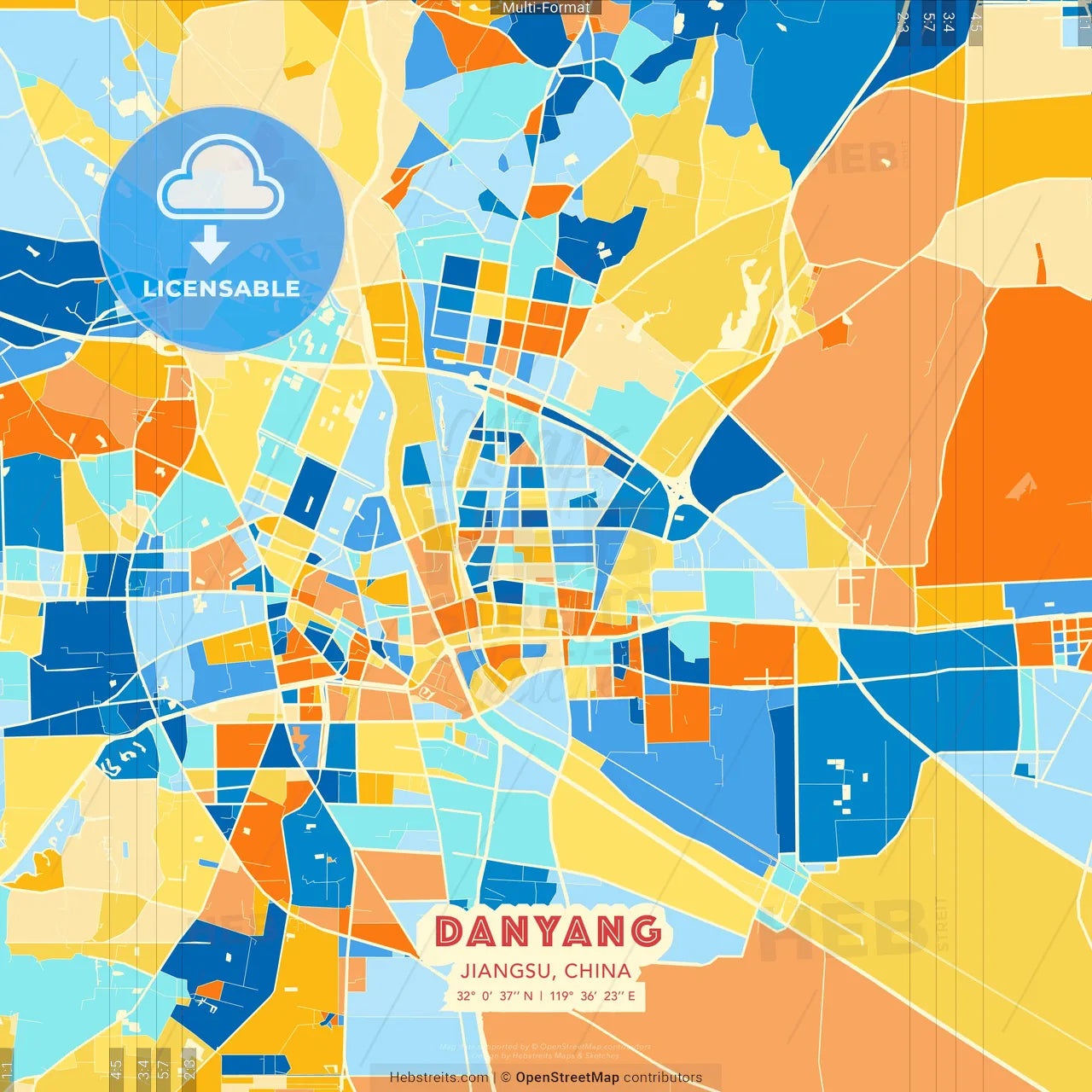 Danyang, Jiangsu, China blue and orange vector art map template
