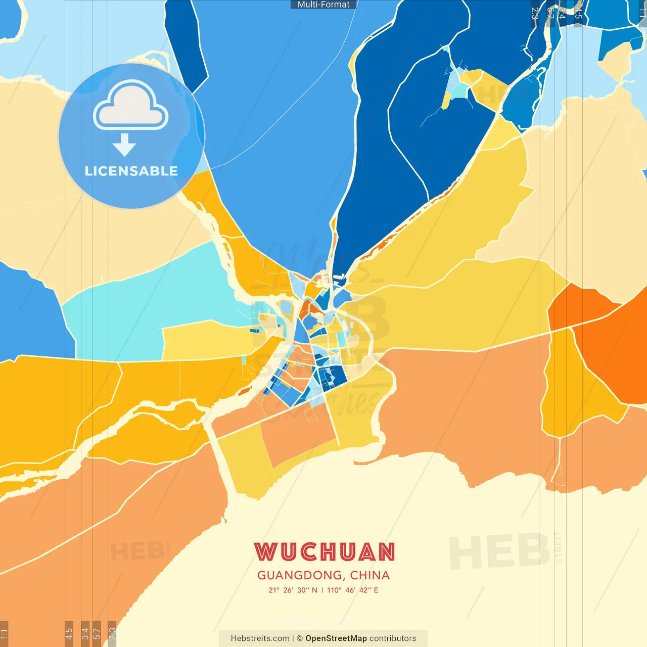 Wuchuan, Guangdong, China blue and orange vector art map template