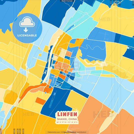 Linfen, Shanxi, China blue and orange vector art map template