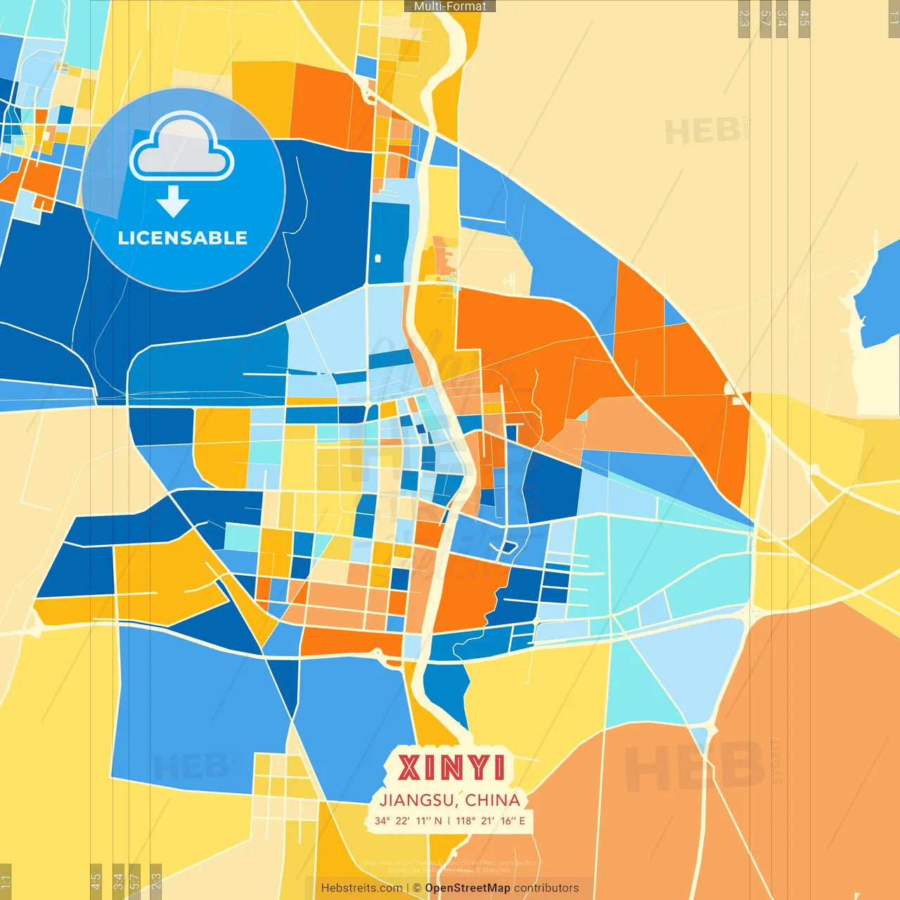 Xinyi, Jiangsu, China blue and orange vector art map template