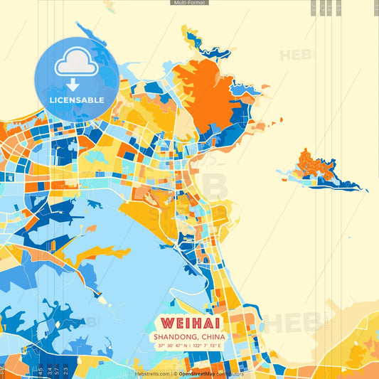 Weihai, Shandong, China blue and orange vector art map template