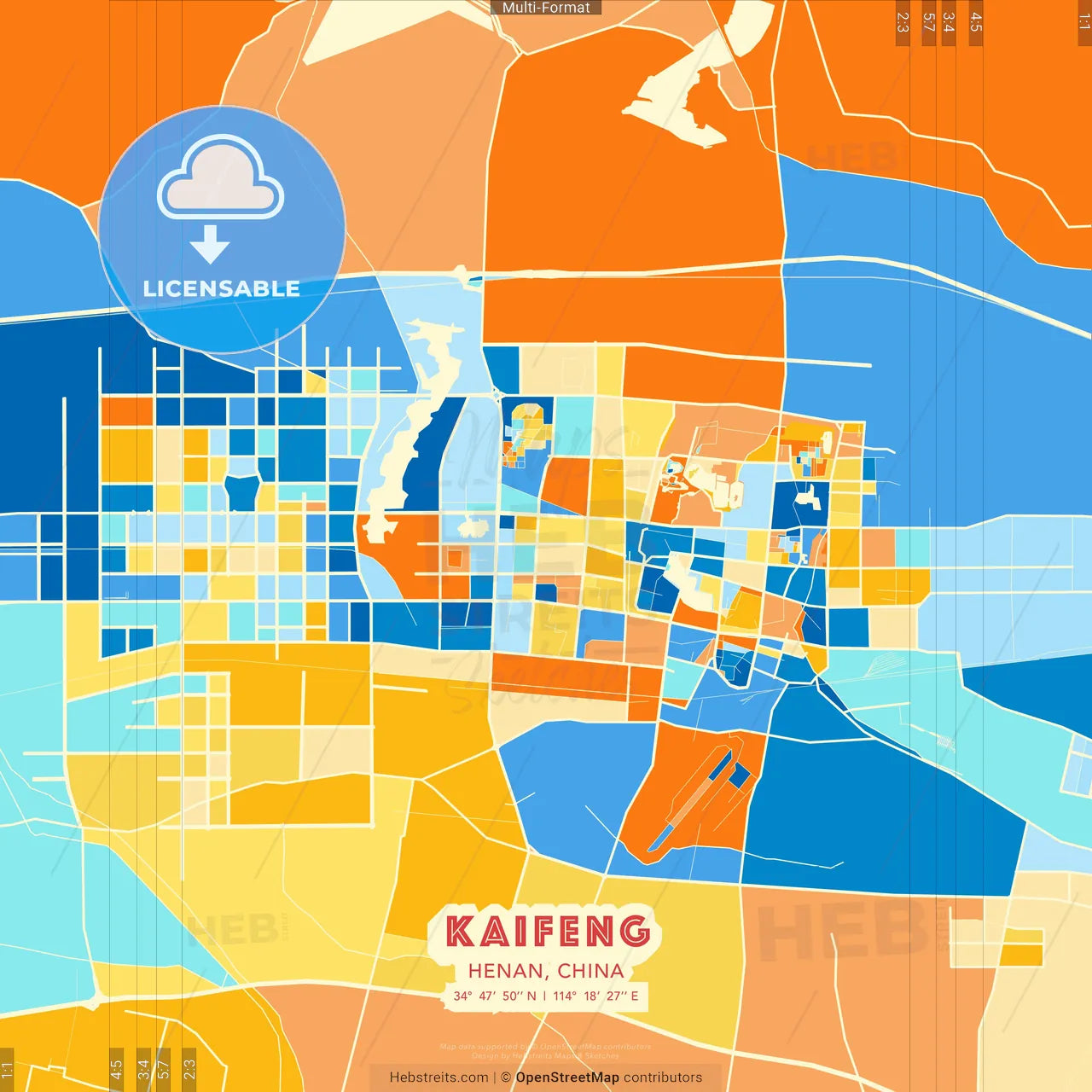 Kaifeng, Henan, China blue and orange vector art map template