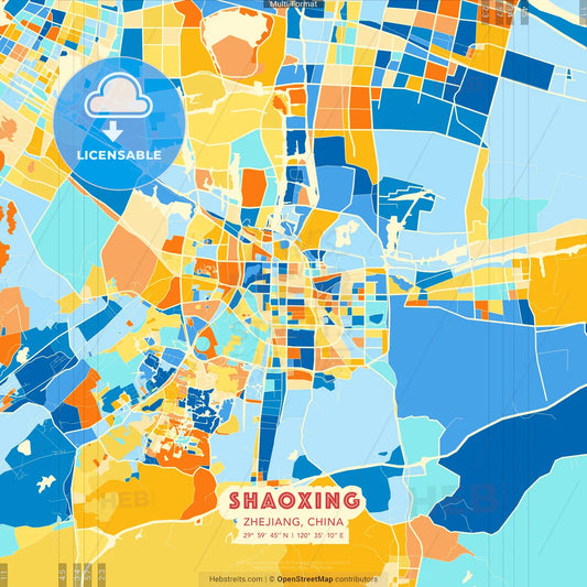 Shaoxing, Zhejiang, China blue and orange vector art map template