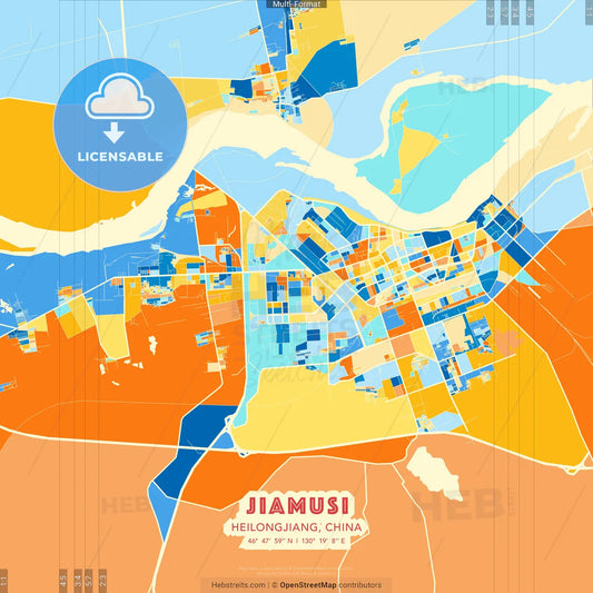 Jiamusi, Heilongjiang, China blue and orange vector art map template