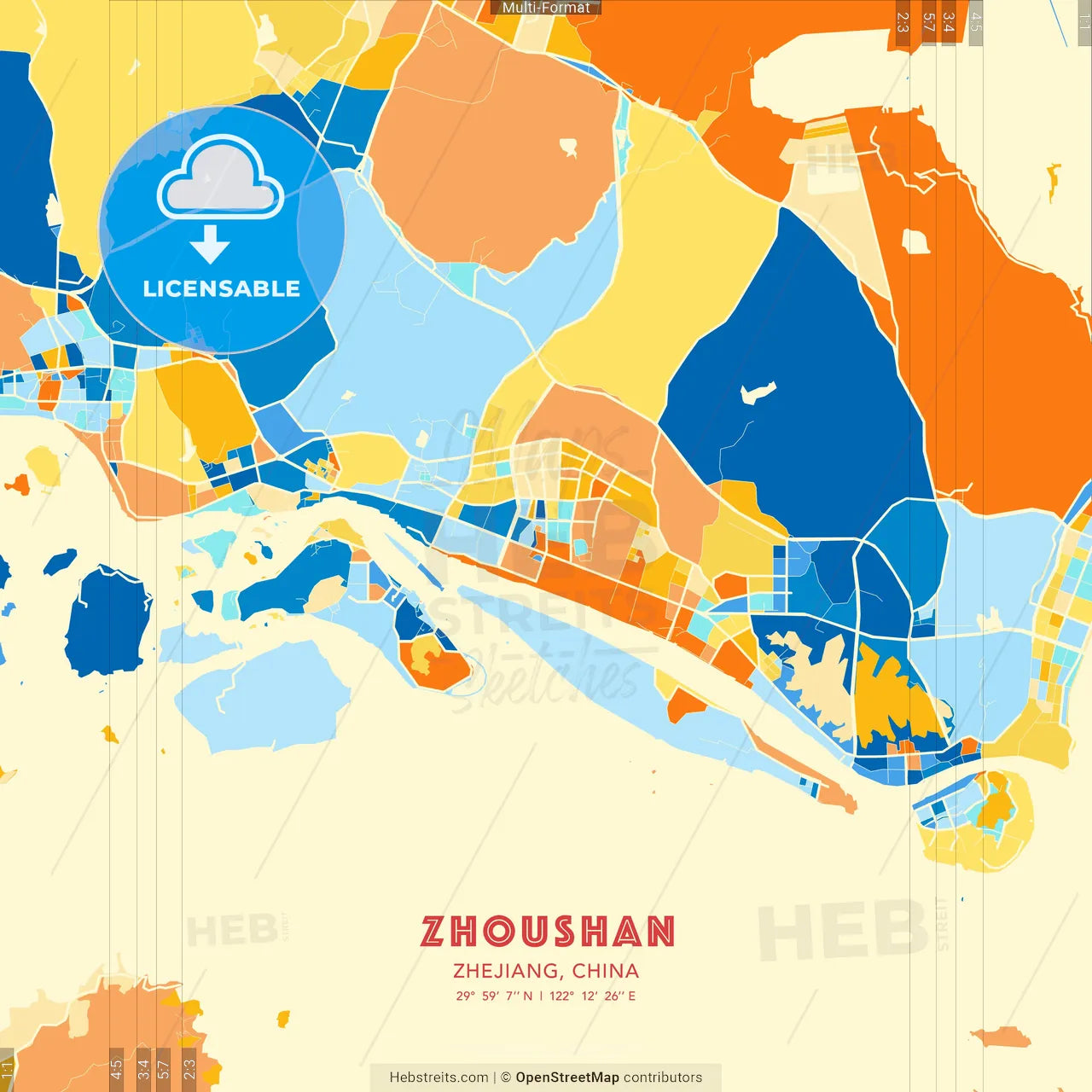 Zhoushan, Zhejiang, China blue and orange vector art map template