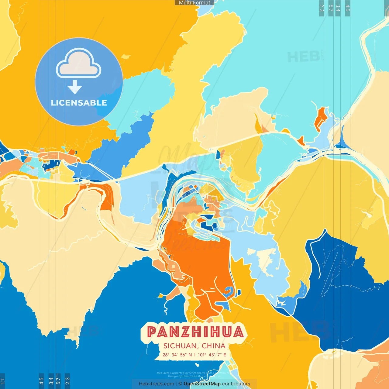 Panzhihua, Sichuan, China blue and orange vector art map template