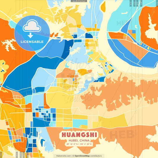 Huangshi, Hubei, China blue and orange vector art map template