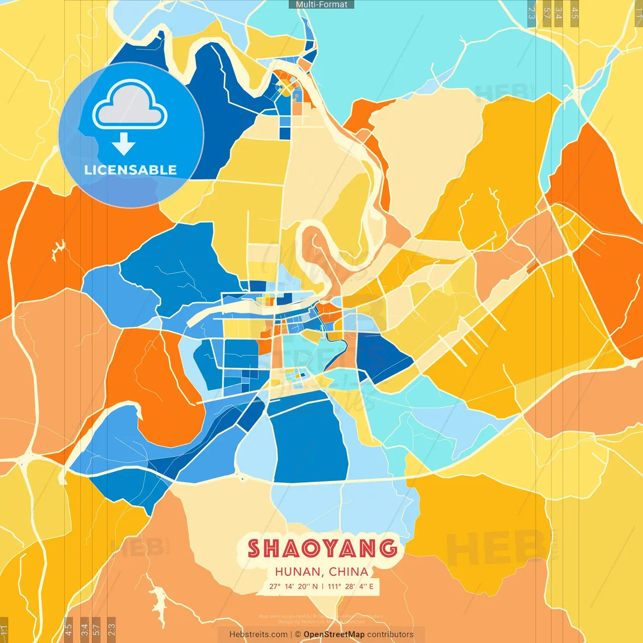 Shaoyang, Hunan, China blue and orange vector art map template