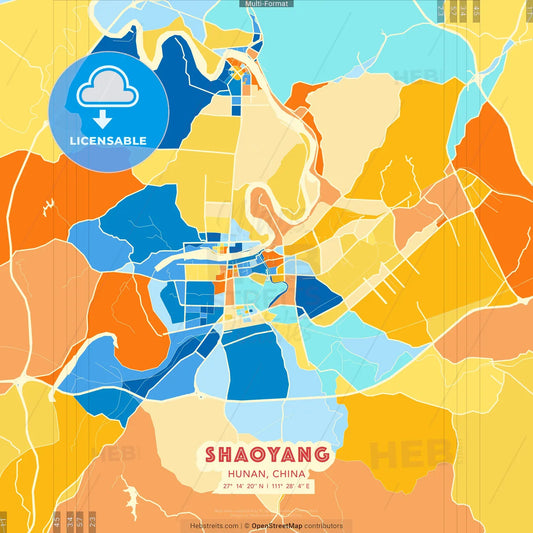 Shaoyang, Hunan, China blue and orange vector art map template