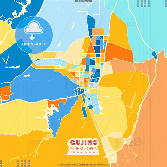 Qujing, Yunnan, China blue and orange vector art map template