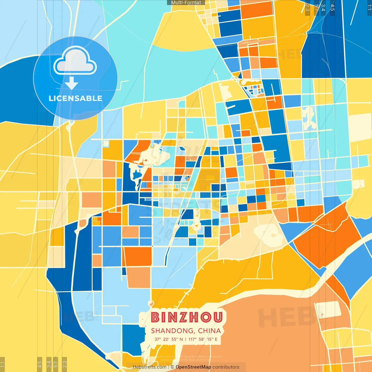 Binzhou, Shandong, China blue and orange vector art map template