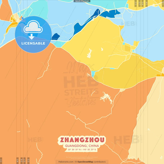 Zhangzhou, Guangdong, China blue and orange vector art map template
