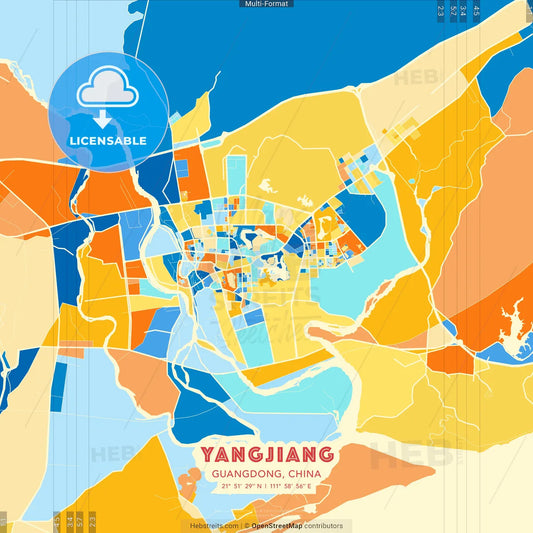 Yangjiang, Guangdong, China blue and orange vector art map template