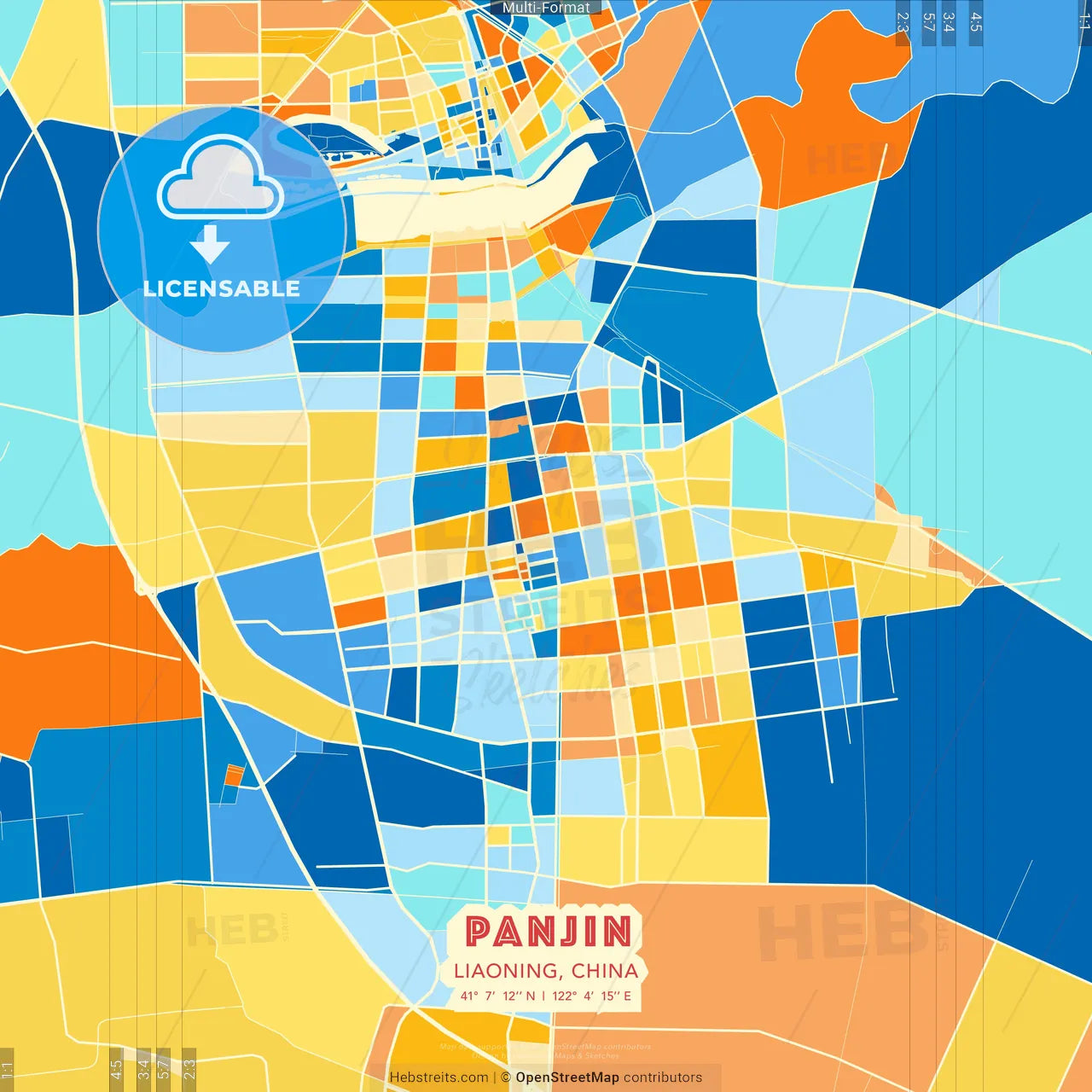 Panjin, Liaoning, China blue and orange vector art map template