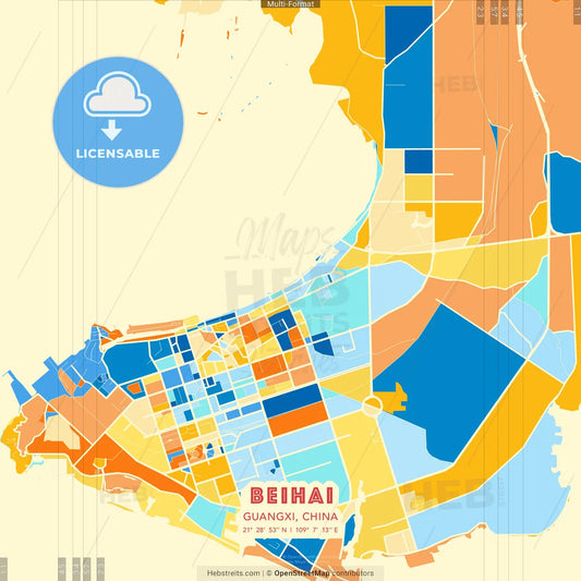 Beihai, Guangxi, China blue and orange vector art map template