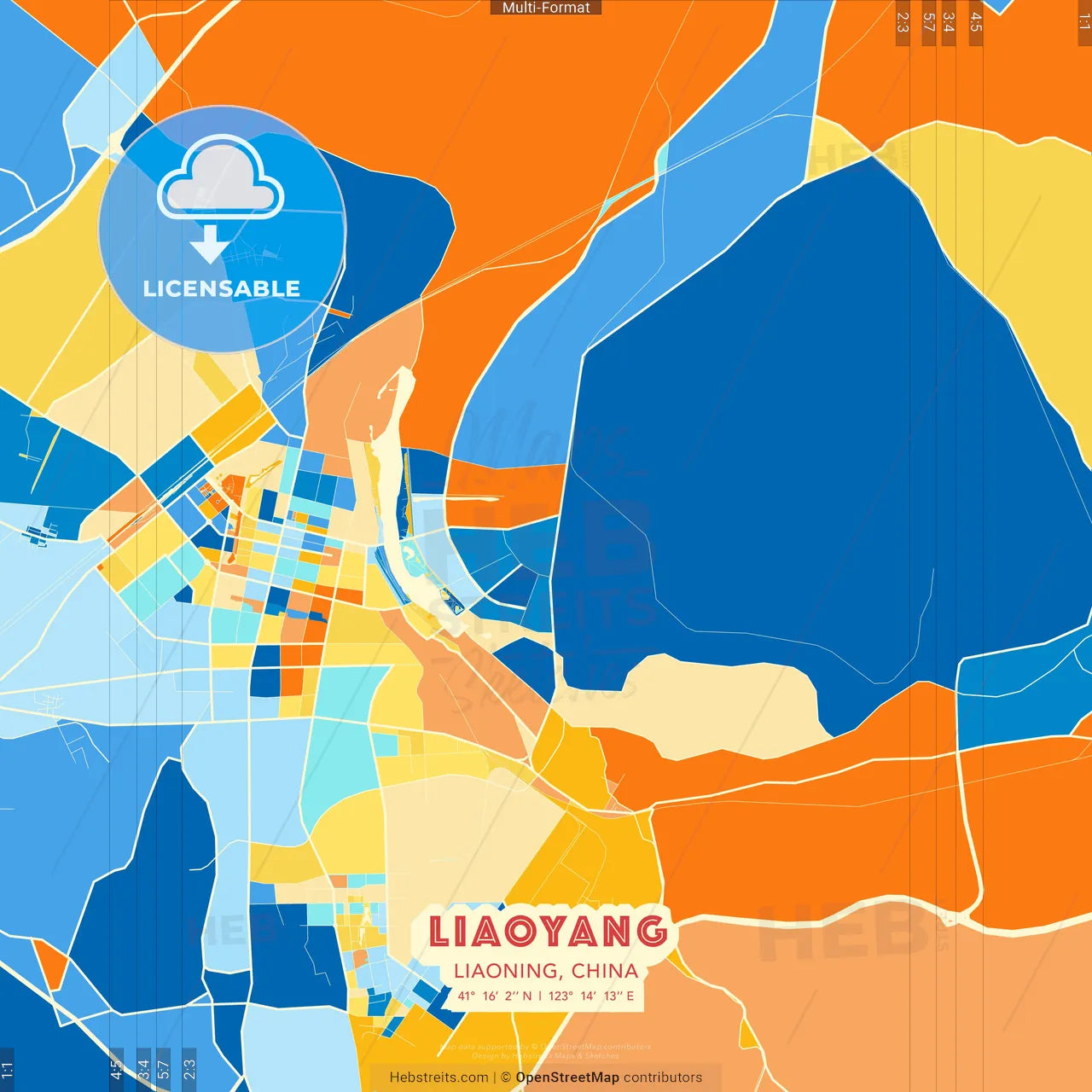 Liaoyang, Liaoning, China blue and orange vector art map template