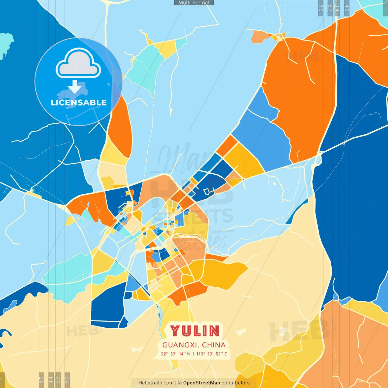 Yulin, Guangxi, China blue and orange vector art map template