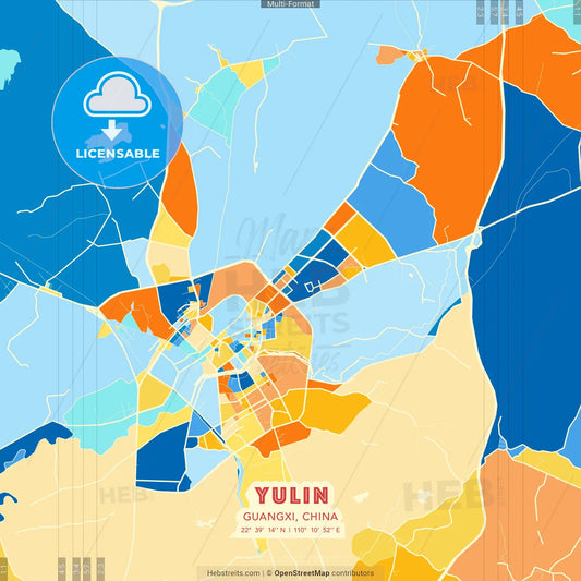 Yulin, Guangxi, China blue and orange vector art map template