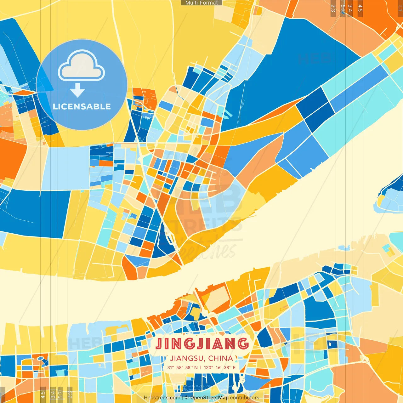 Jingjiang, Jiangsu, China blue and orange vector art map template