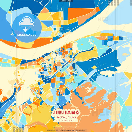 Jiujiang, Jiangxi, China blue and orange vector art map template
