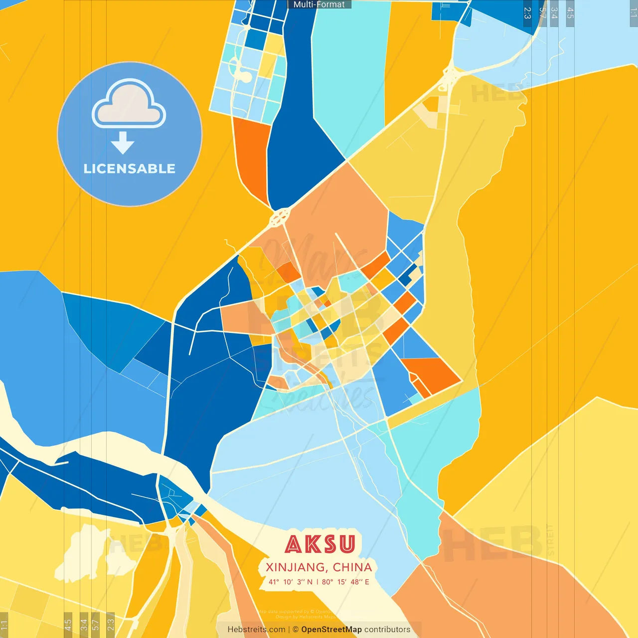Aksu, Xinjiang, China blue and orange vector art map template