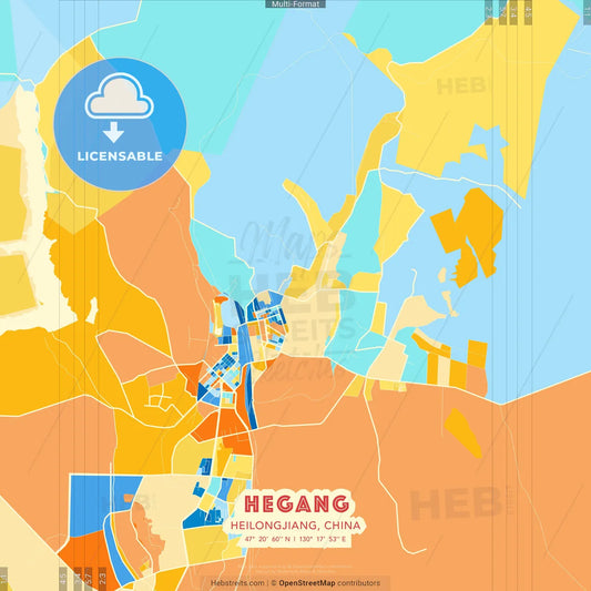 Hegang, Heilongjiang, China blue and orange vector art map template