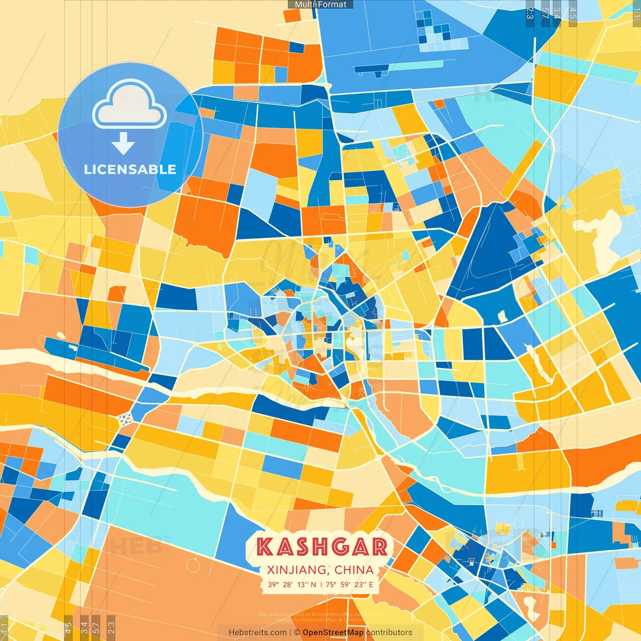 Kashgar, Xinjiang, China blue and orange vector art map template