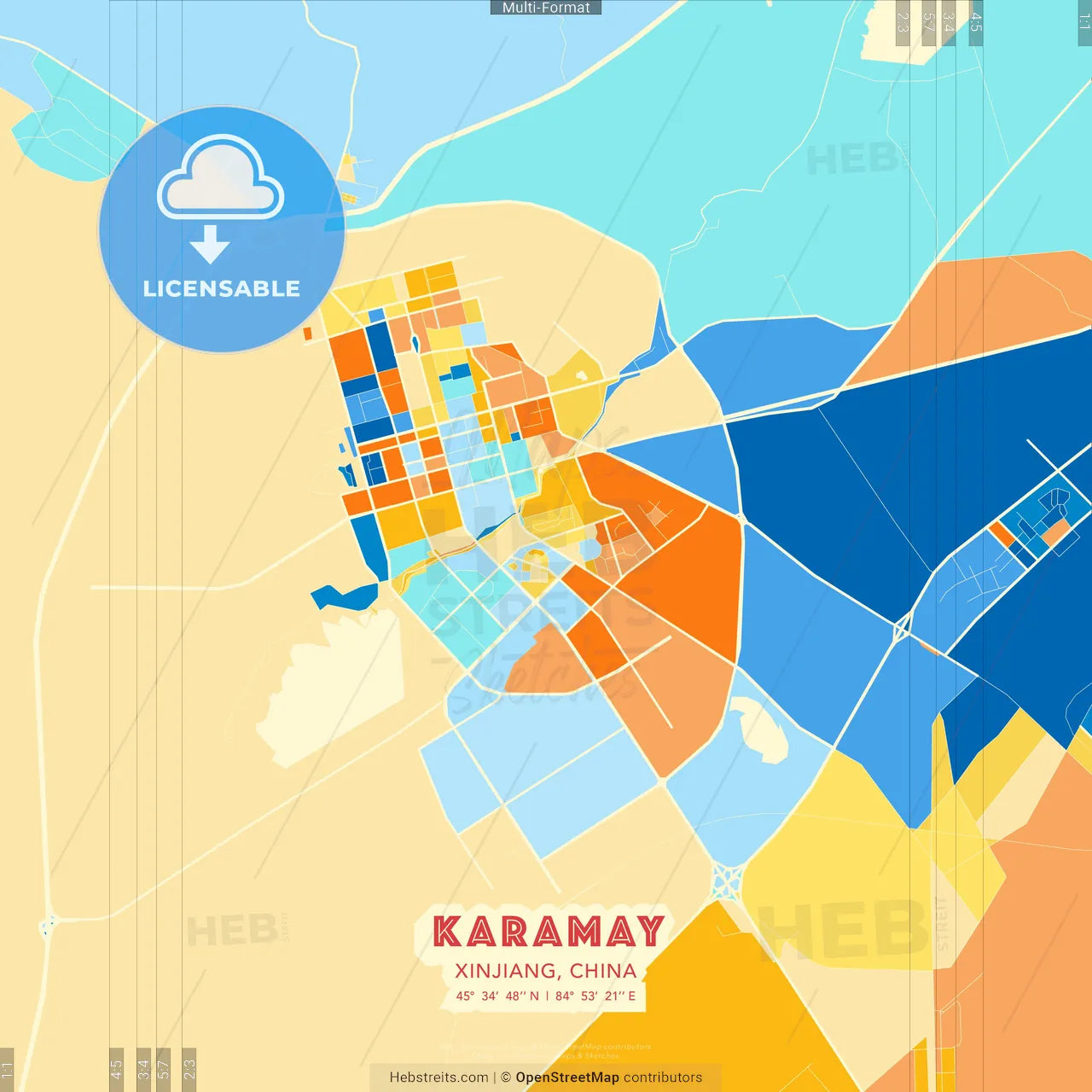 Karamay, Xinjiang, China blue and orange vector art map template