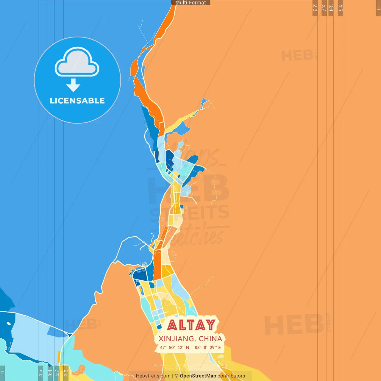 Altay, Xinjiang, China blue and orange vector art map template