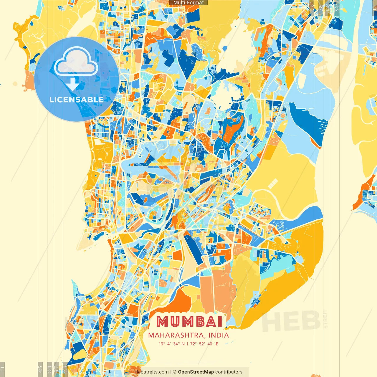 Mumbai, Maharashtra, India blue and orange vector art map template