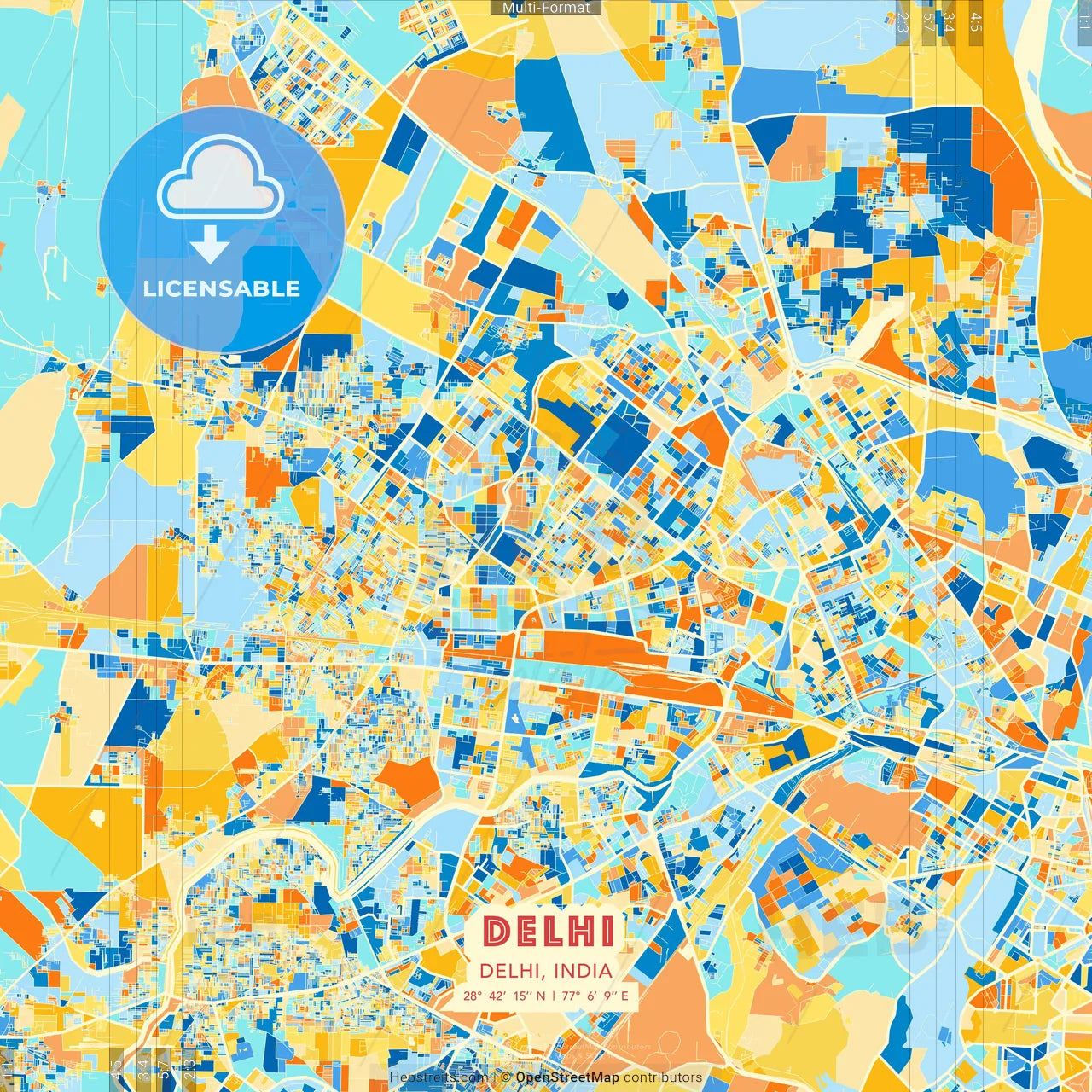 Delhi, Delhi, India blue and orange vector art map template