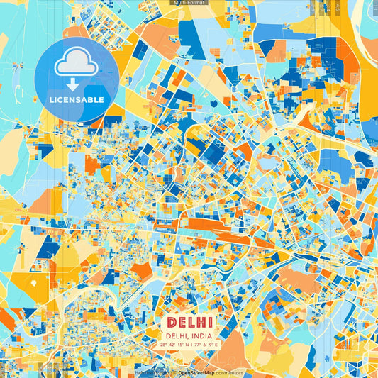 Delhi, Delhi, India blue and orange vector art map template