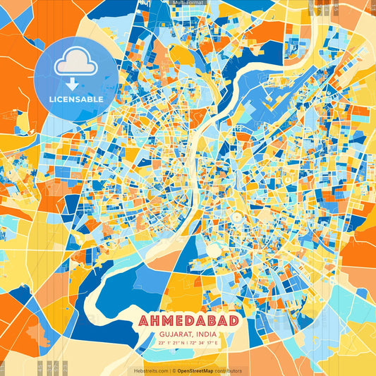 Ahmedabad, Gujarat, India blue and orange vector art map template