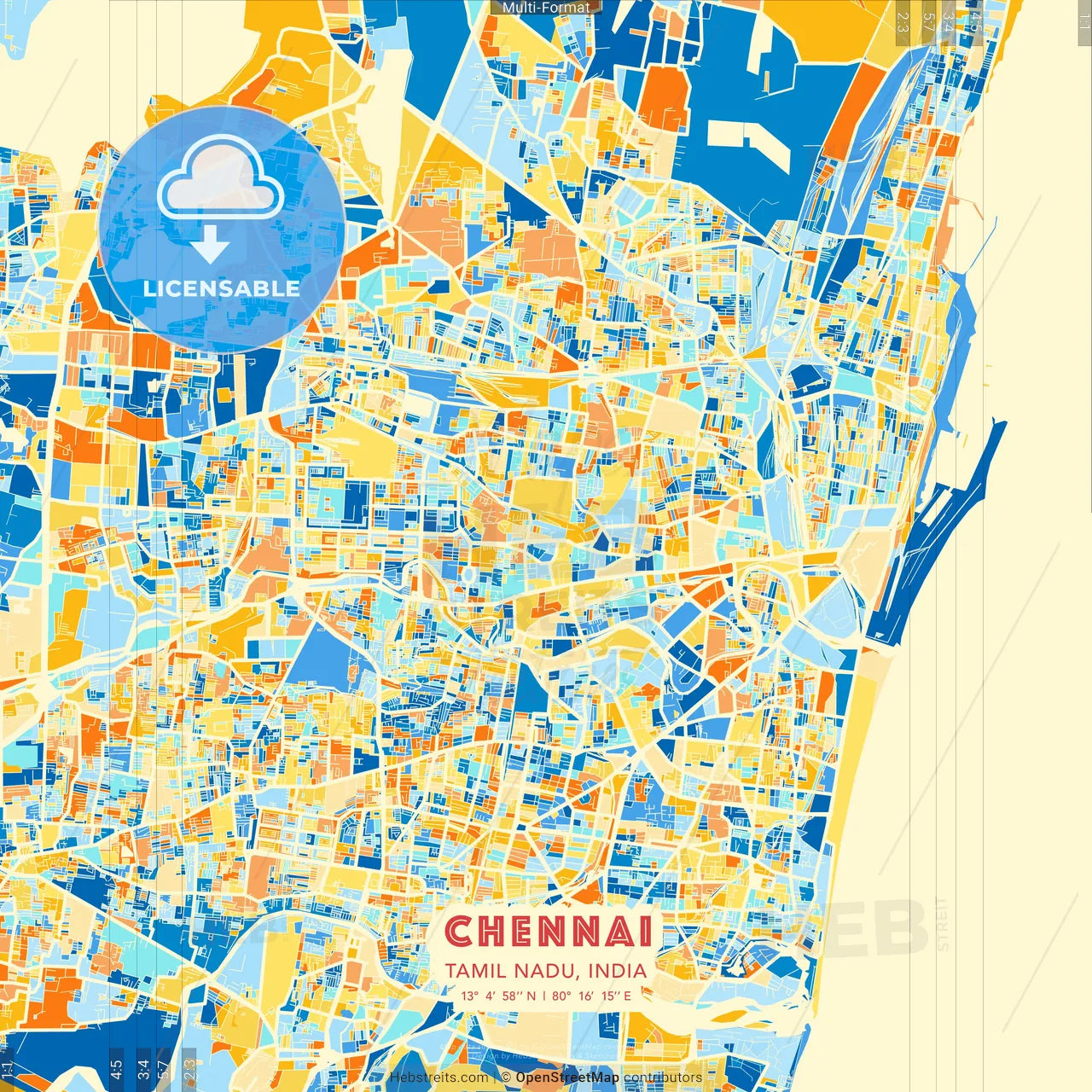 Chennai, Tamil Nadu, India blue and orange vector art map template