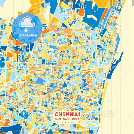 Chennai, Tamil Nadu, India blue and orange vector art map template