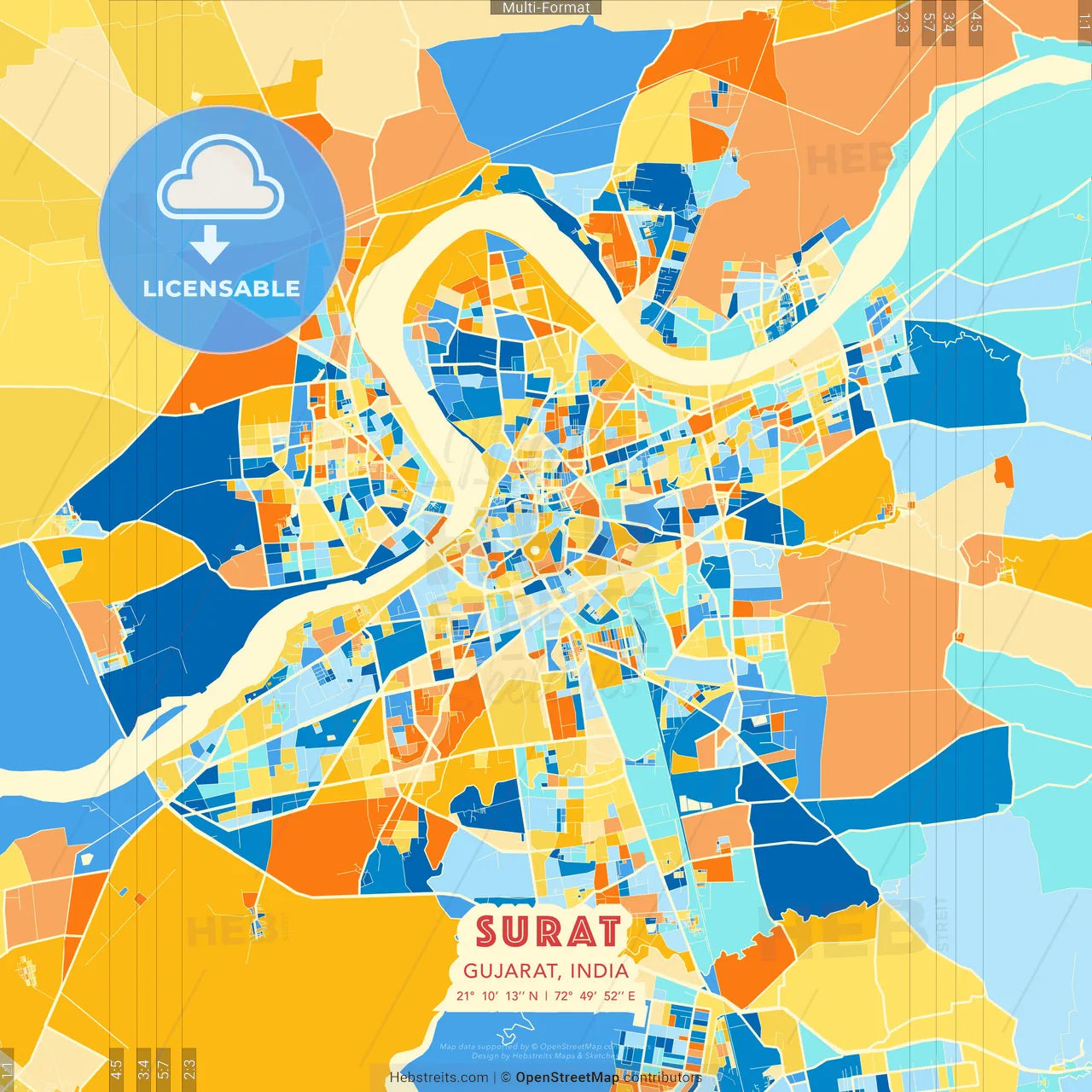 Surat, Gujarat, India blue and orange vector art map template