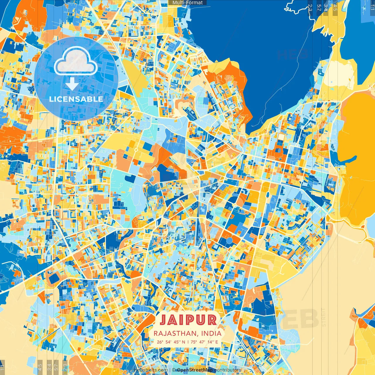 Jaipur, Rajasthan, India blue and orange vector art map template